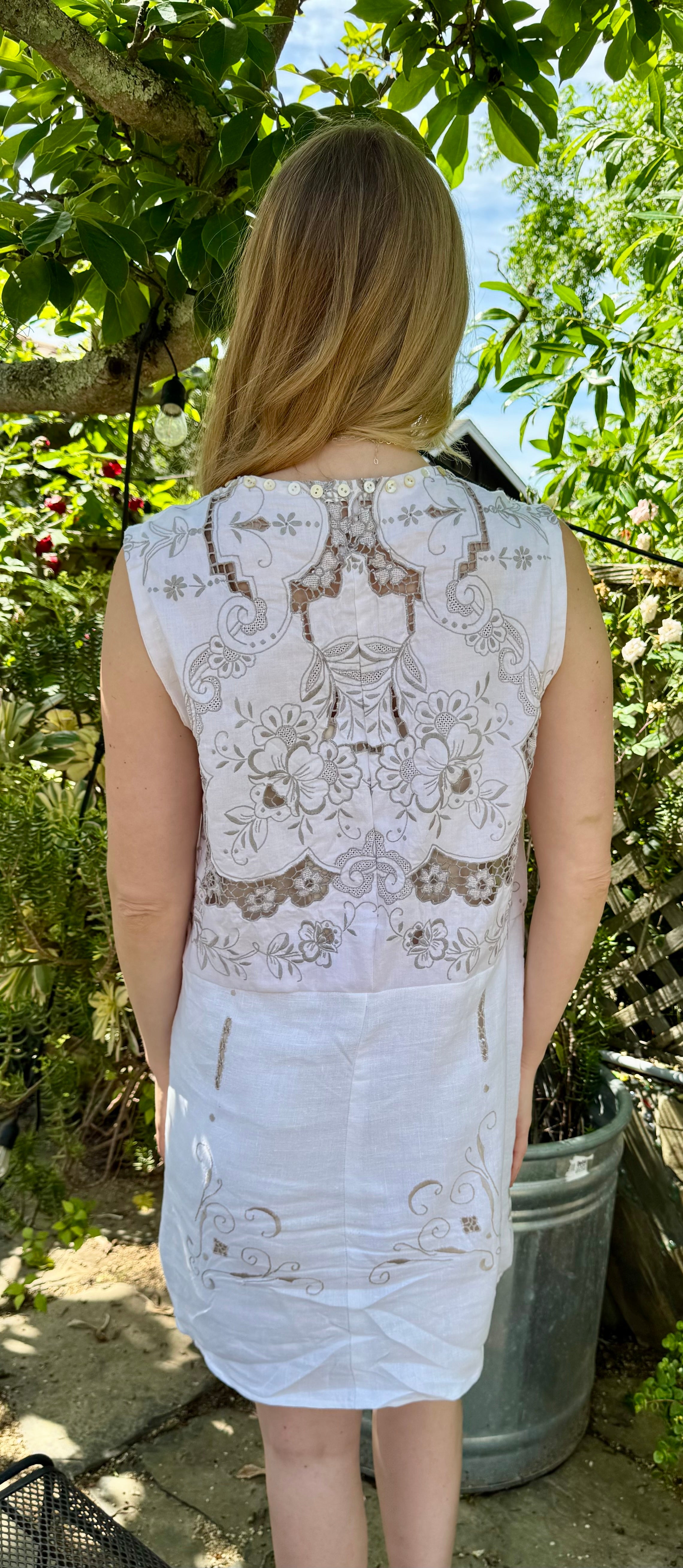 Handmade Off-White Embroidered Linen Dress — Spectacular Back Embroidery, Mother-of-Pearl Buttons