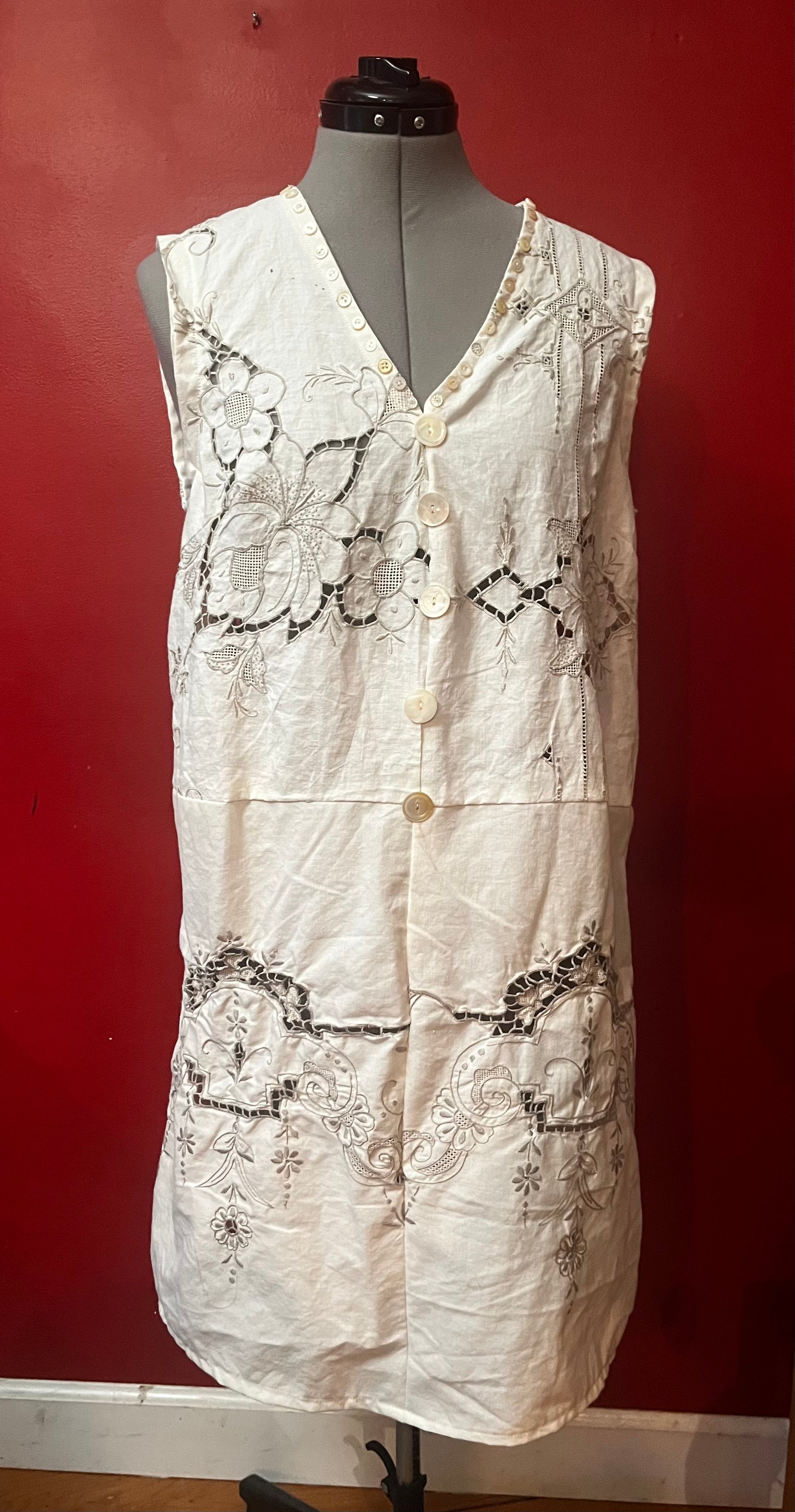 Handmade Off-White Embroidered Linen Dress — Spectacular Back Embroidery, Mother-of-Pearl Buttons