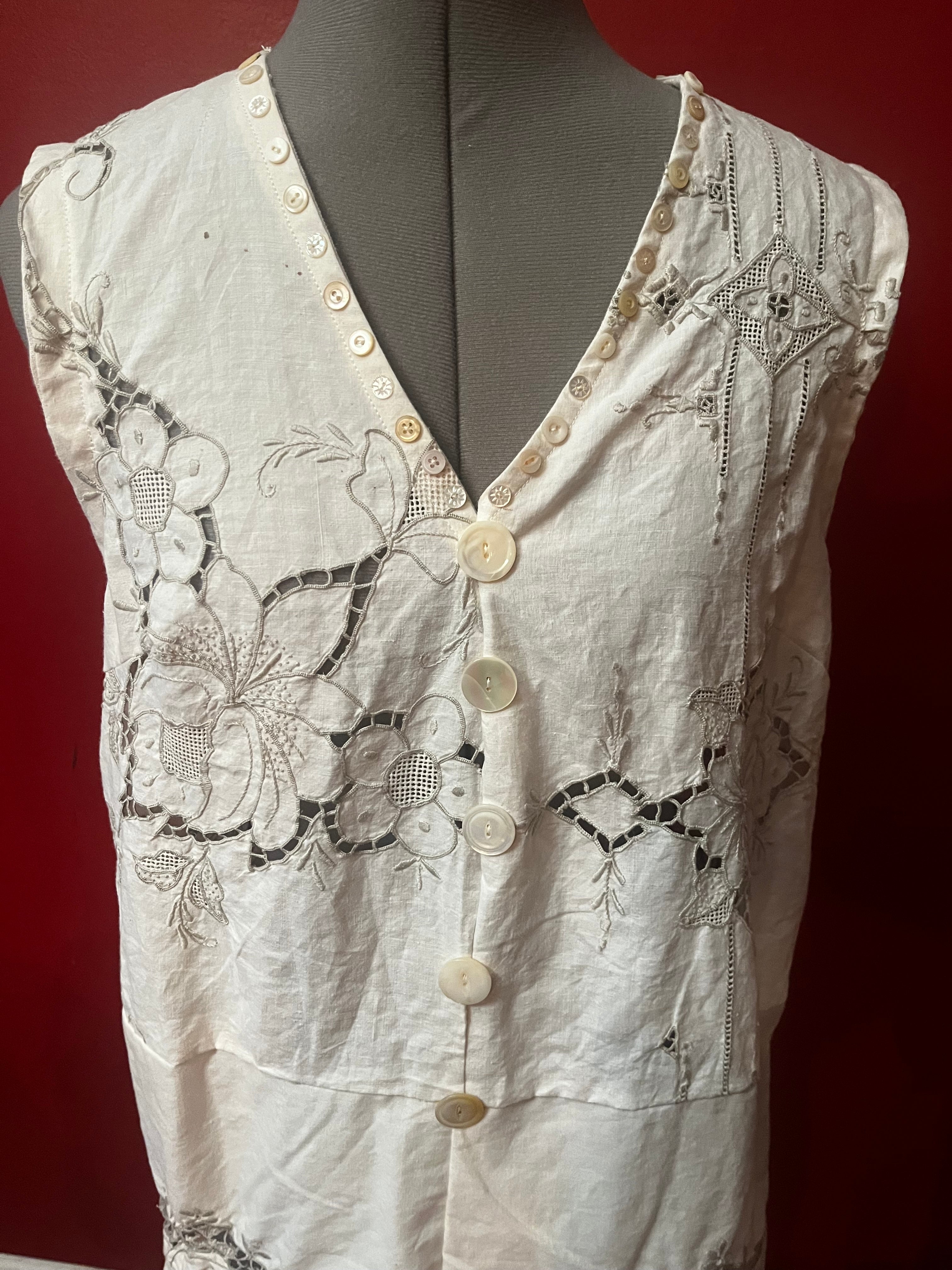 Handmade Off-White Embroidered Linen Dress — Spectacular Back Embroidery, Mother-of-Pearl Buttons
