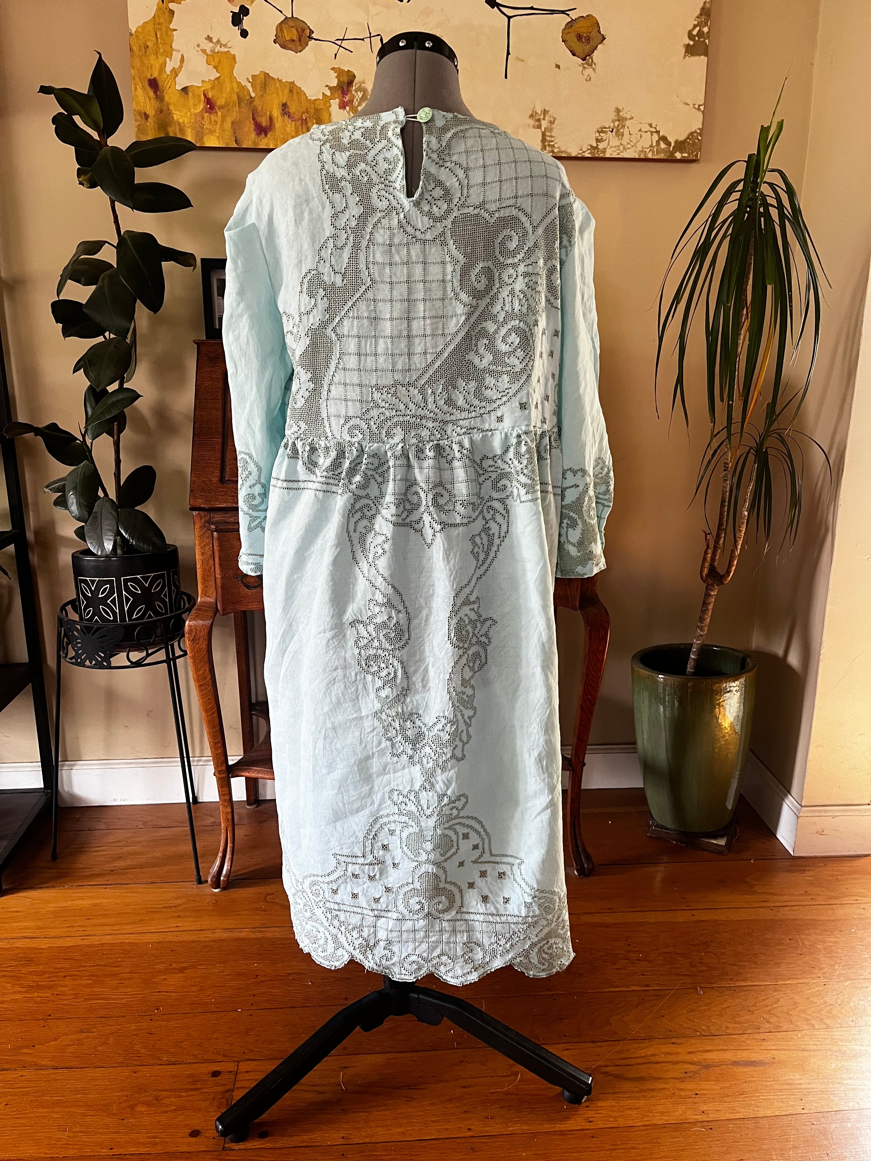 Handmade Turquoise Lace Dress — Bracelet Sleeves, Gathered Waist, Upcycled Vintage Cotton