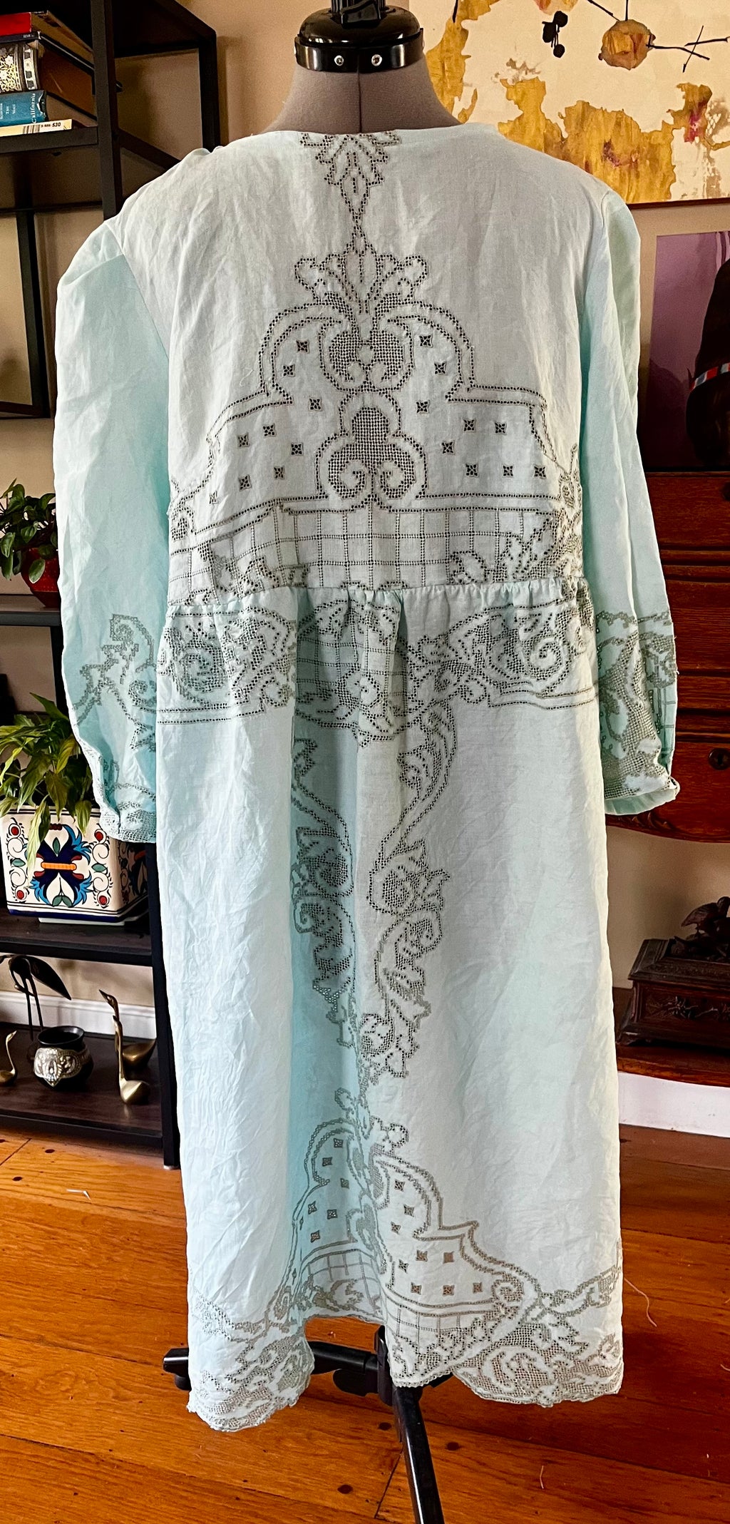 Handmade Turquoise Lace Dress — Bracelet Sleeves, Gathered Waist, Upcycled Vintage Cotton