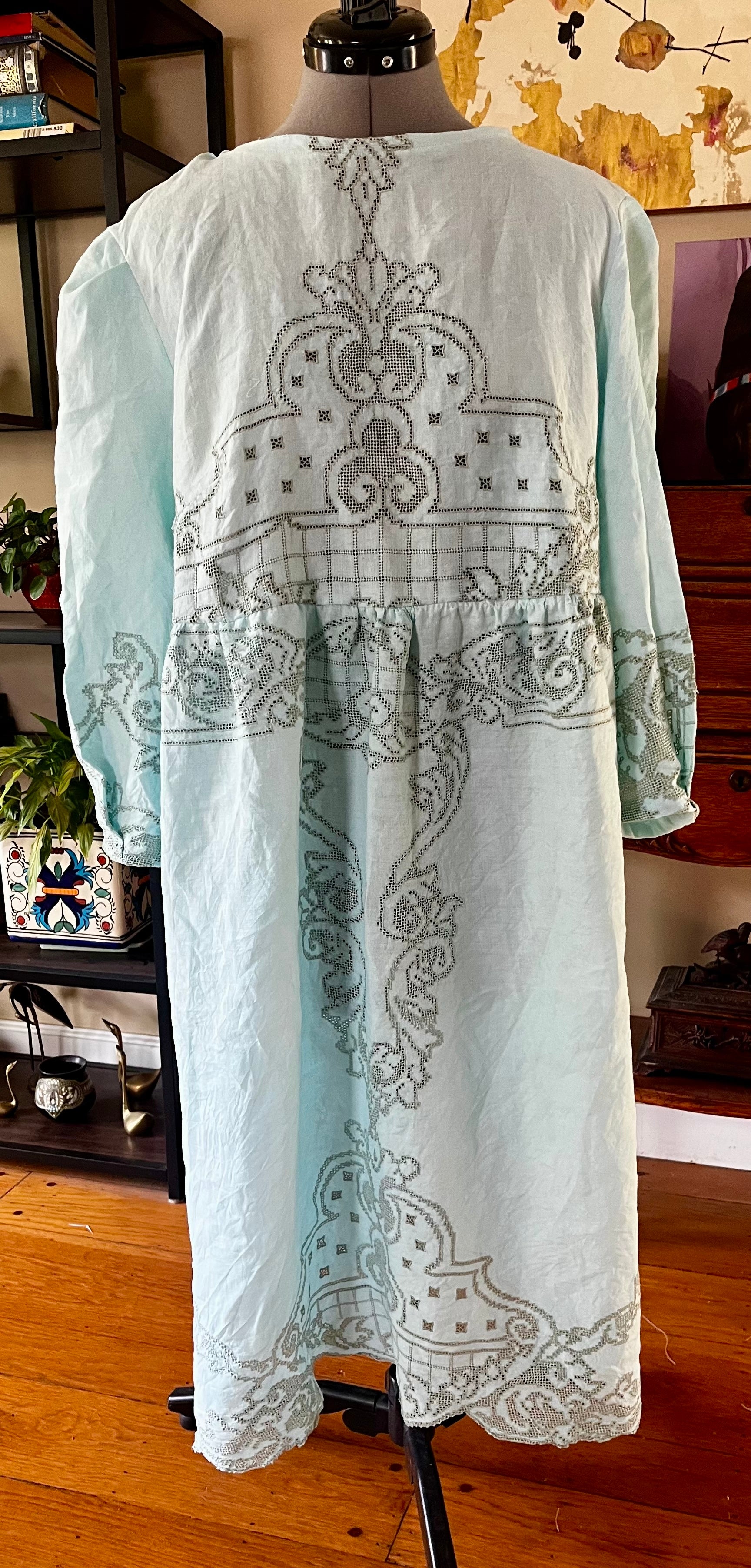 Handmade Turquoise Lace Dress — Bracelet Sleeves, Gathered Waist, Upcycled Vintage Cotton