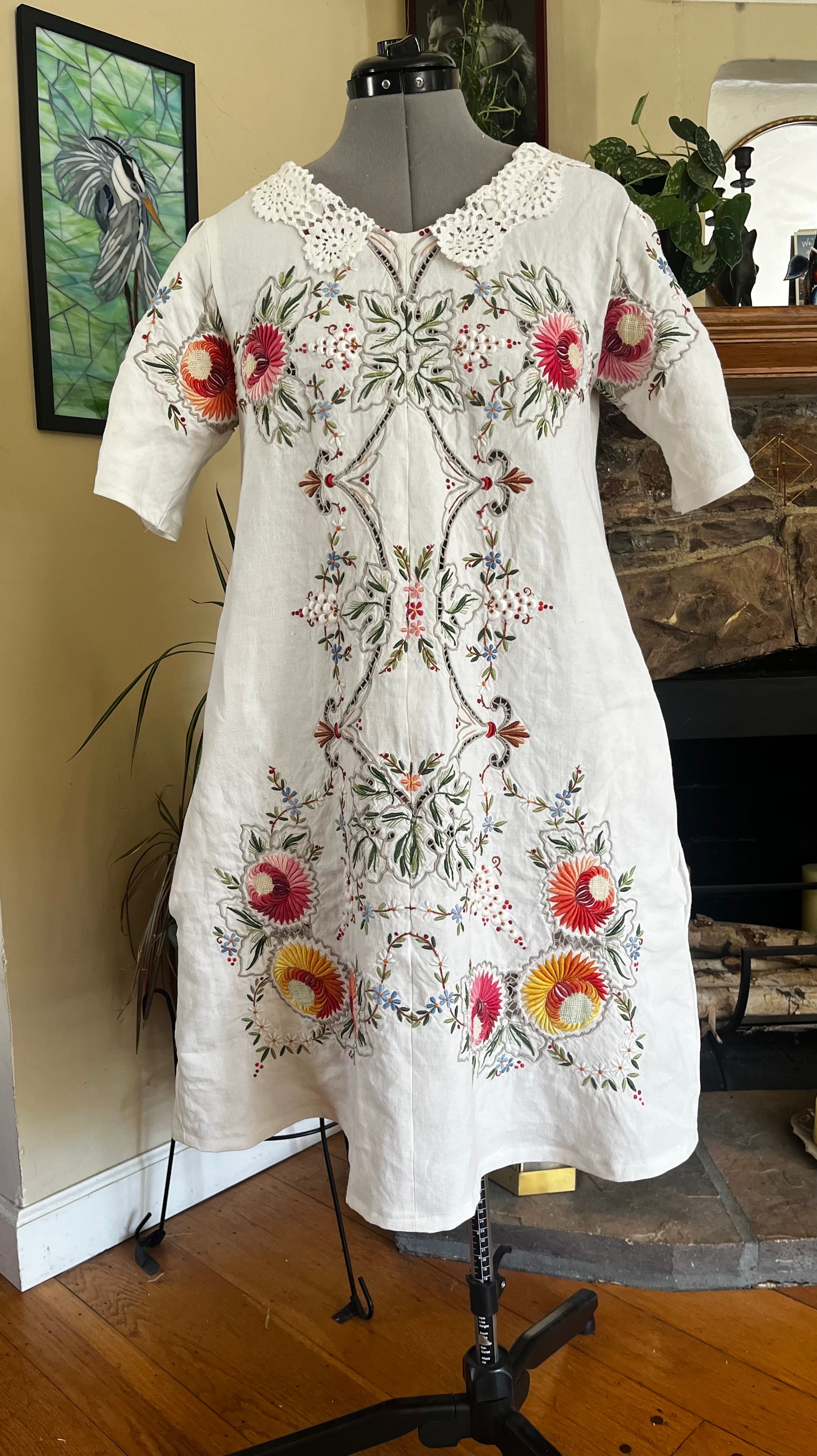 Handmade Embroidered A-Line Linen Dress with Pockets — Upcycled Vintage, One of a Kind