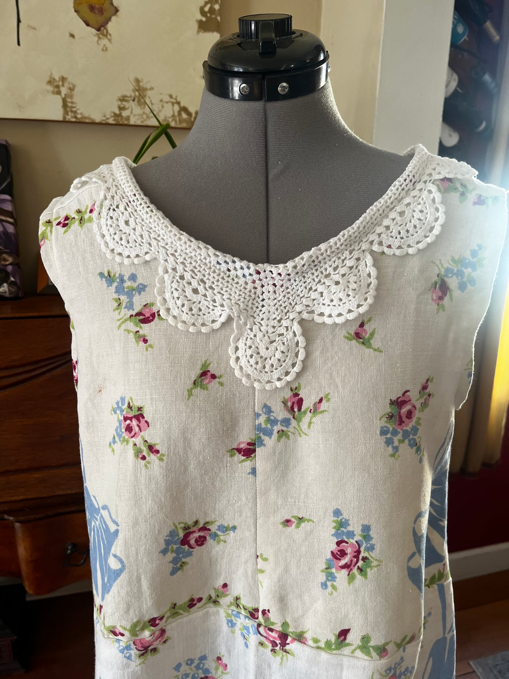 Handmade Blue Floral Linen Dress — Crochet Collar, A-Line, Upcycled Vintage Tablecloths