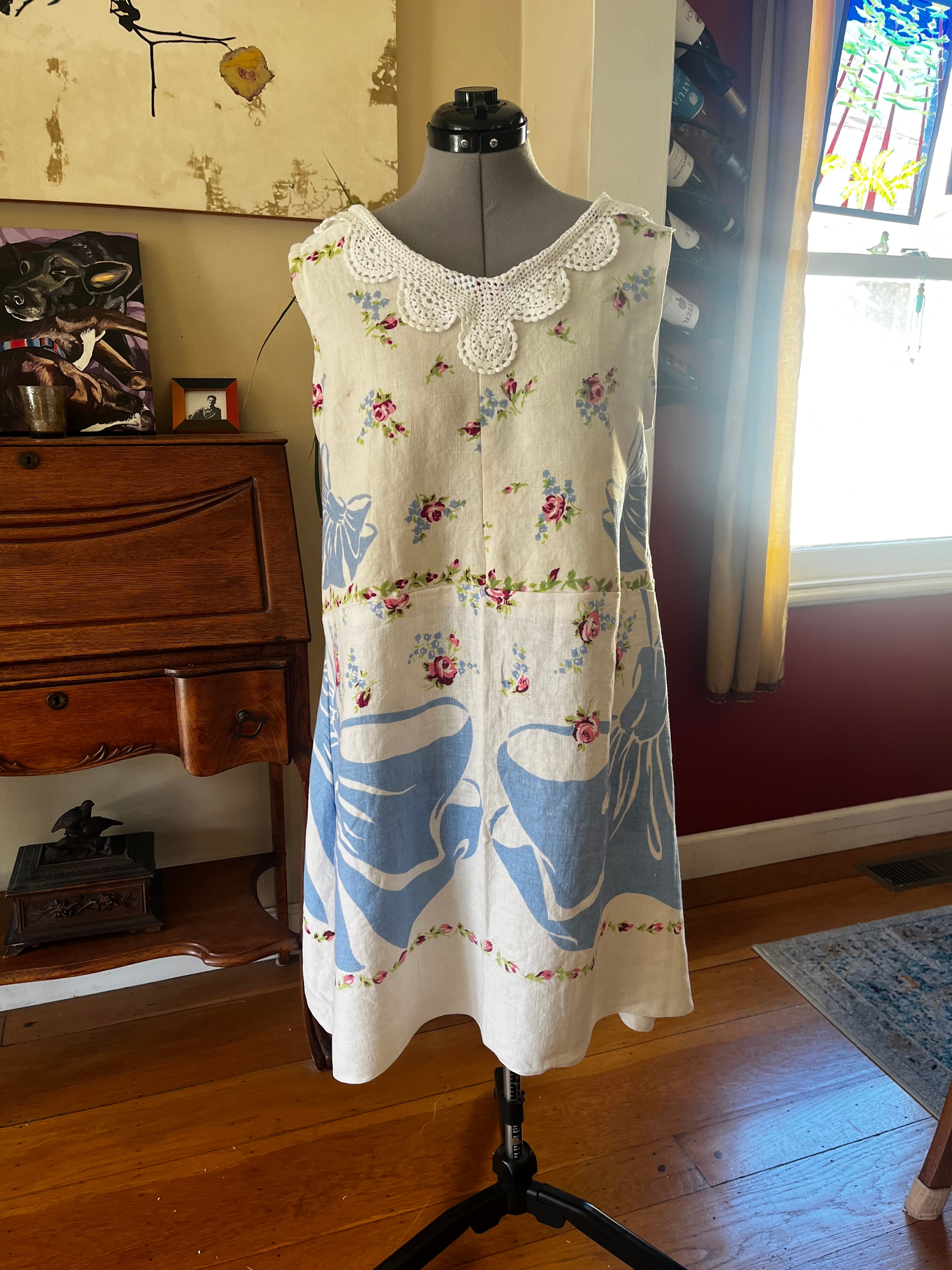 Handmade Blue Floral Linen Dress — Crochet Collar, A-Line, Upcycled Vintage Tablecloths