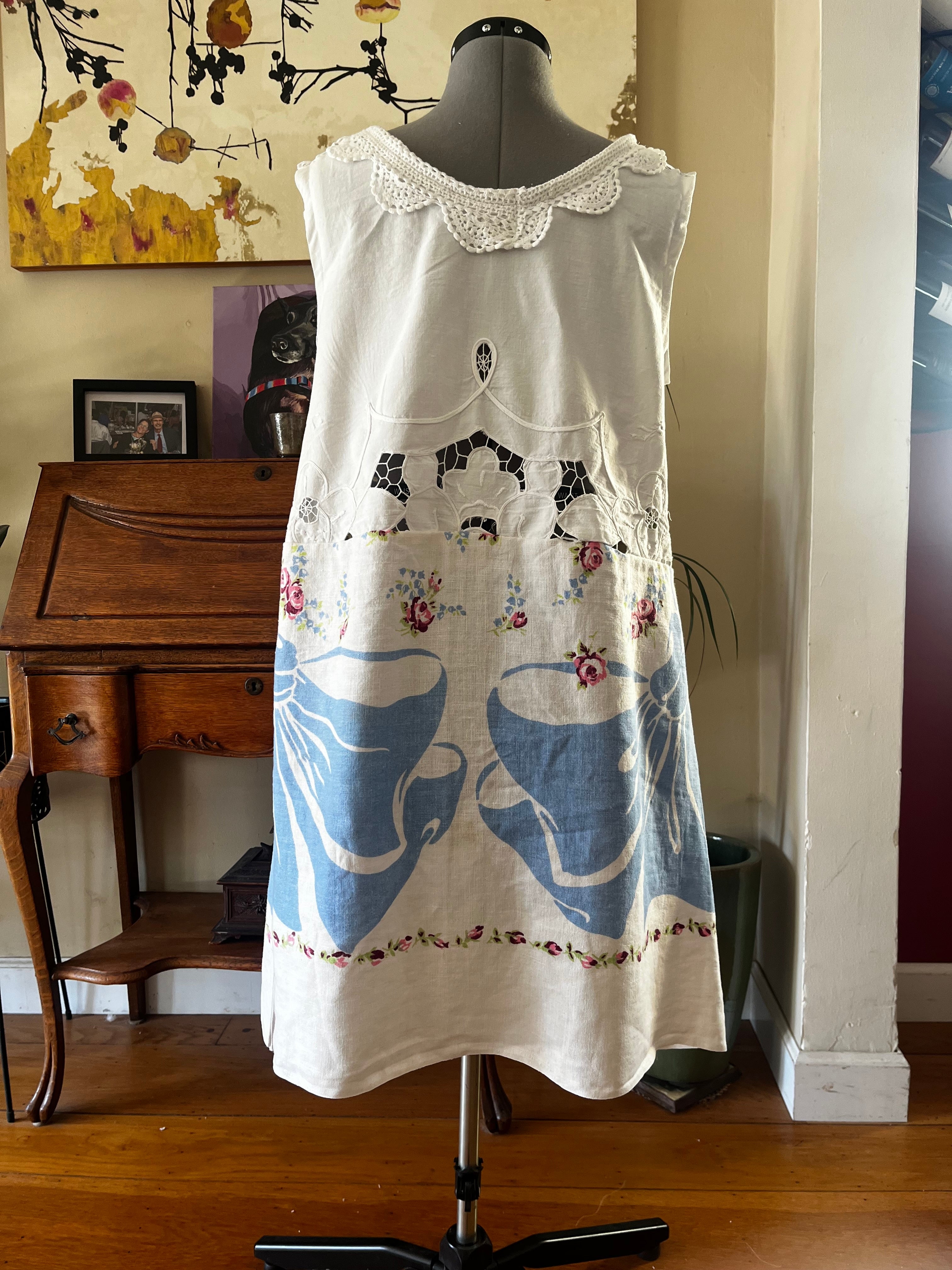 Handmade Blue Floral Linen Dress — Crochet Collar, A-Line, Upcycled Vintage Tablecloths