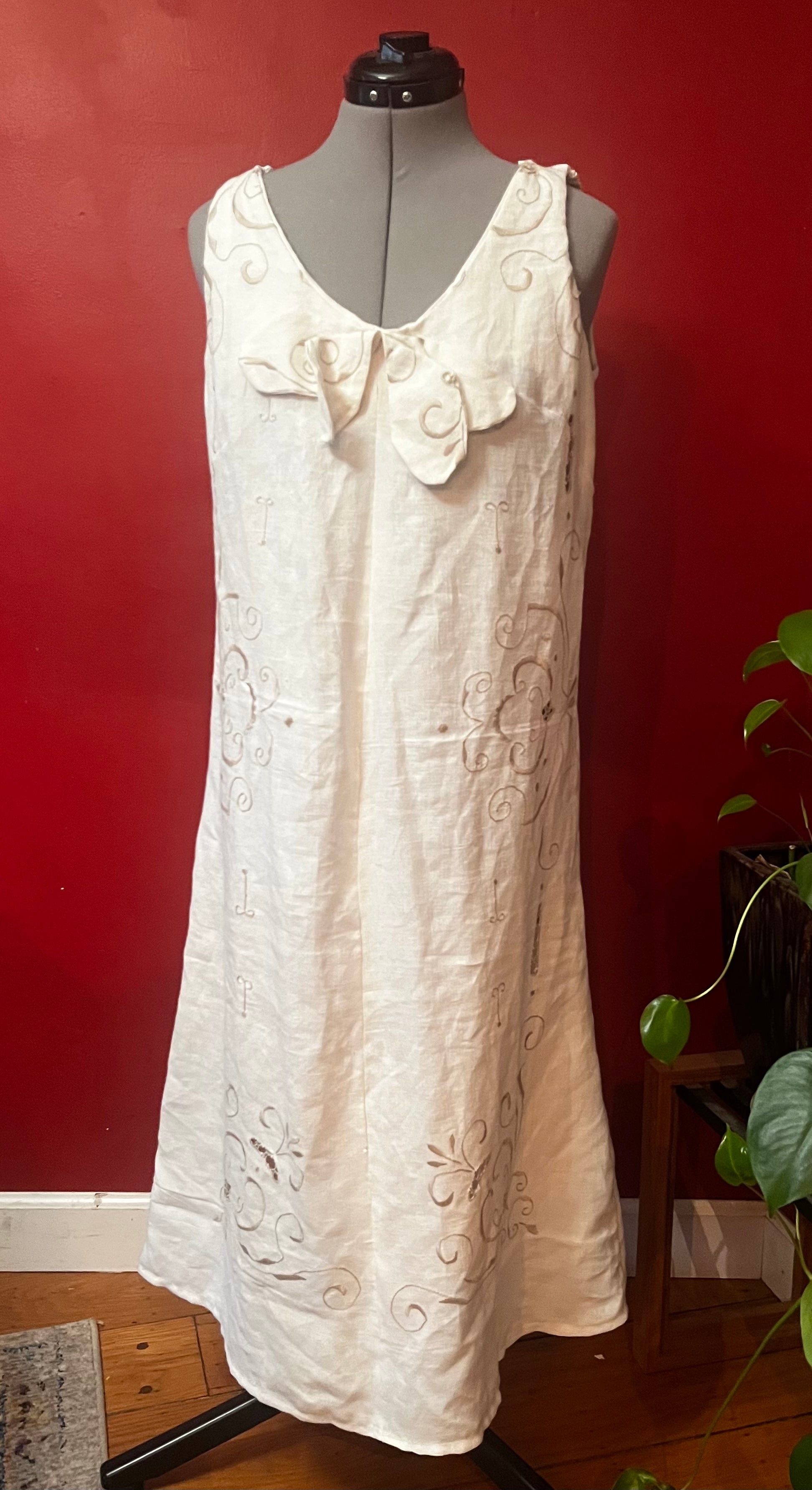 Handmade Midi Linen Embroidered Dress — Bow Neckline, Sleeveless, Made for Summer