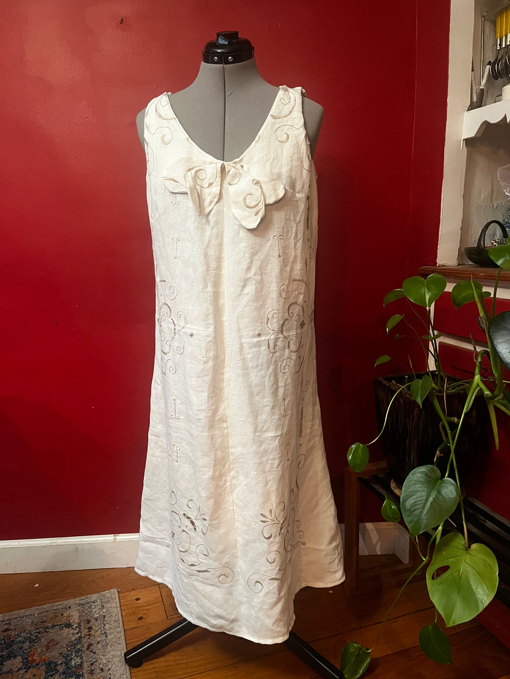Handmade Midi Linen Embroidered Dress — Bow Neckline, Sleeveless, Made for Summer