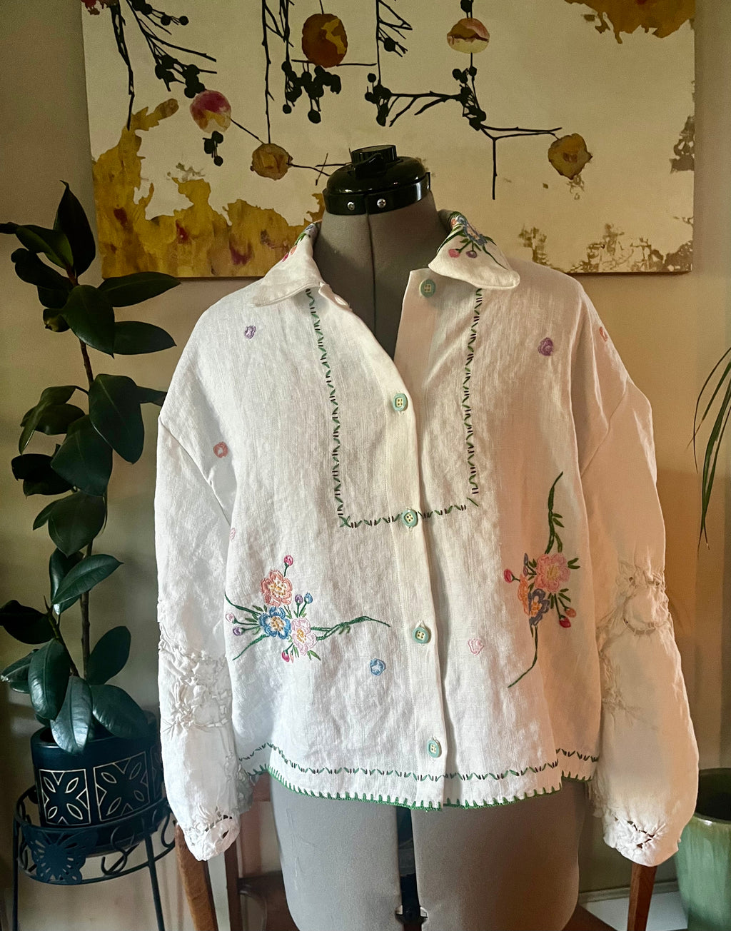 Handmade Floral Embroidered Blouse — Two-Sided Design, Bracelet Sleeves, Upcycled Vintage Linen