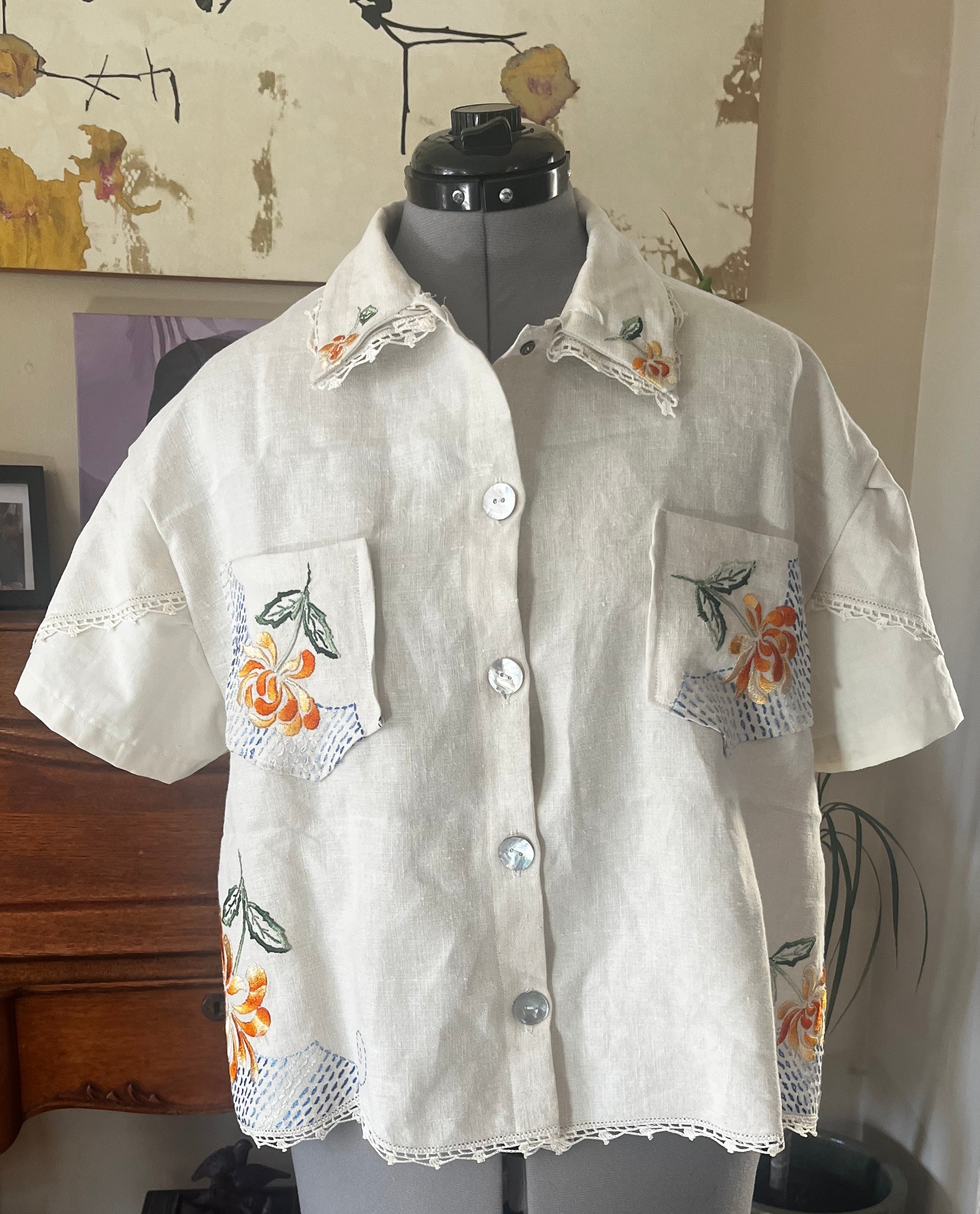 Handmade Short Sleeve Linen Blouse — Orange & Yellow Floral Embroidery, Button Down, Boxy Cut