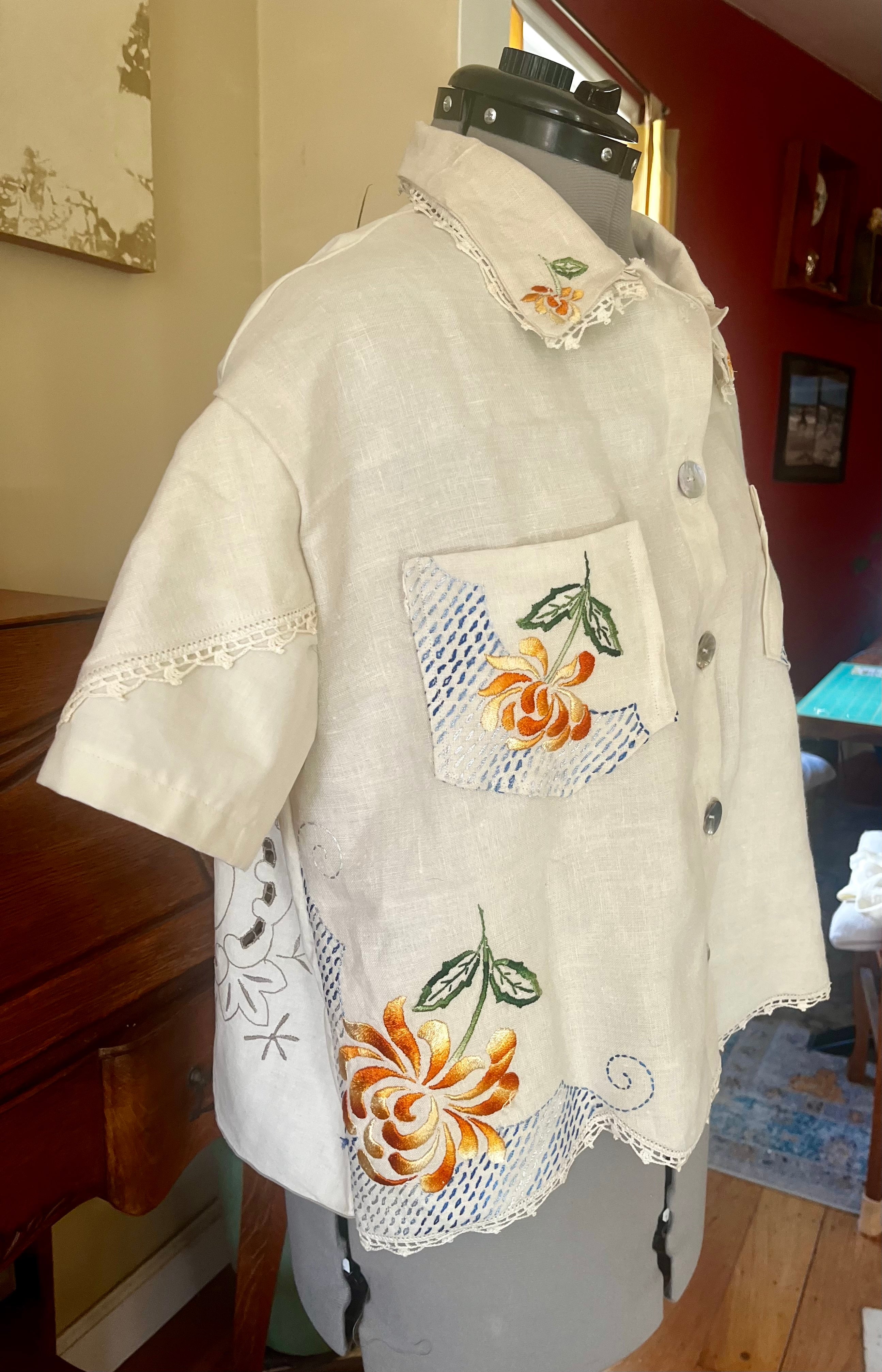 Handmade Short Sleeve Linen Blouse — Orange & Yellow Floral Embroidery, Button Down, Boxy Cut