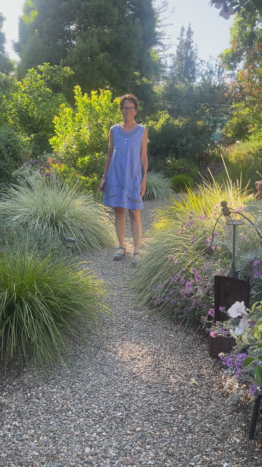 Handmade Sleeveless Blue Embroidered A-Line Dress — Floral Crescent Cutwork, Upcycled Vintage