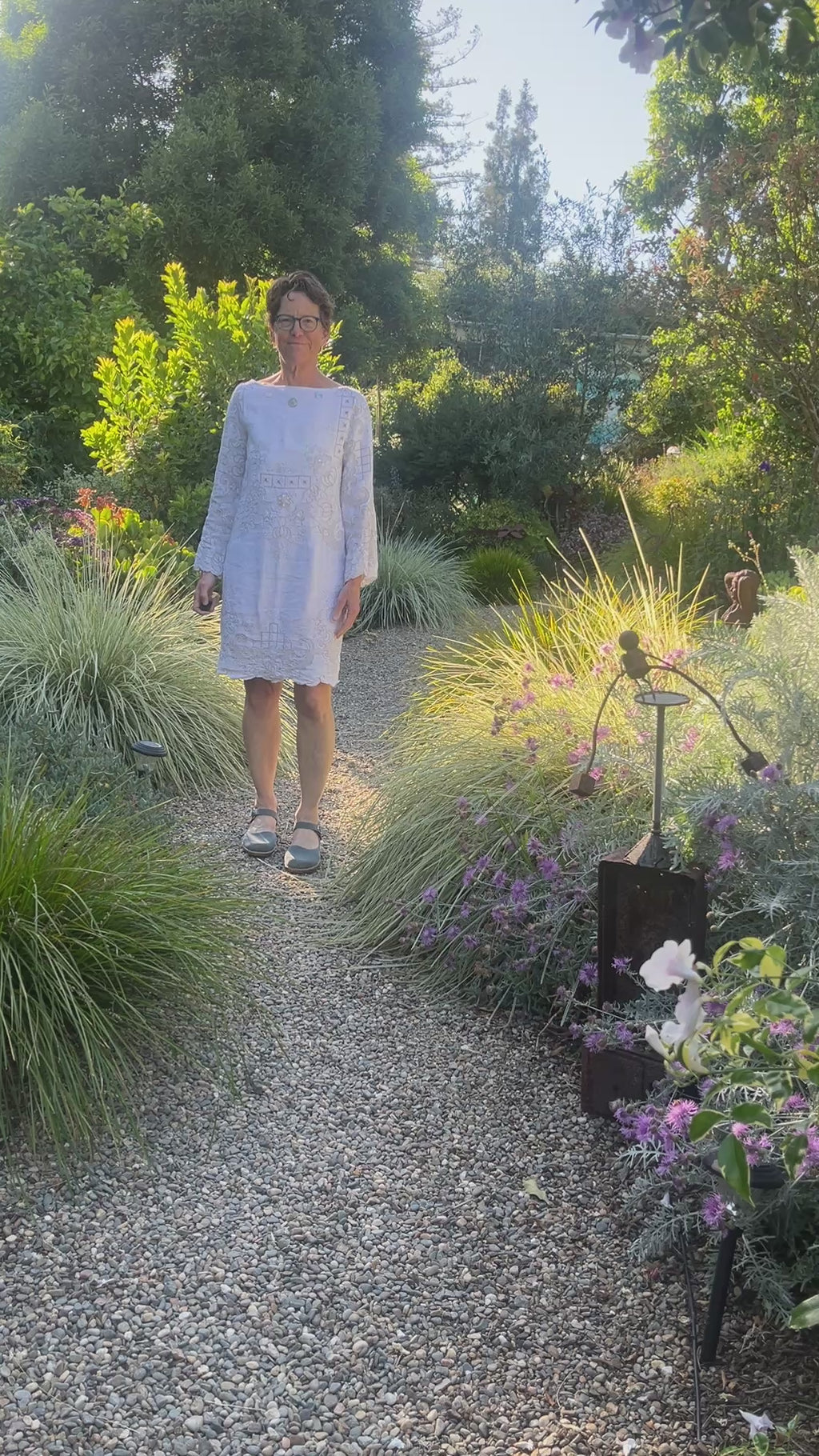 Handmade Embroidered Linen Dress — Long Sleeve, Mother-of-Pearl & Beads, Upcycled Vintage