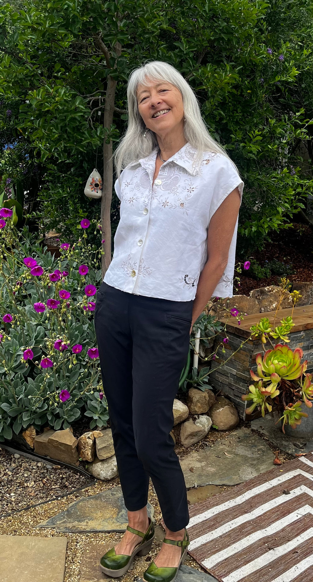 Handmade Embroidered Linen Shirt — Mother-of-Pearl Buttons, Upcycled
