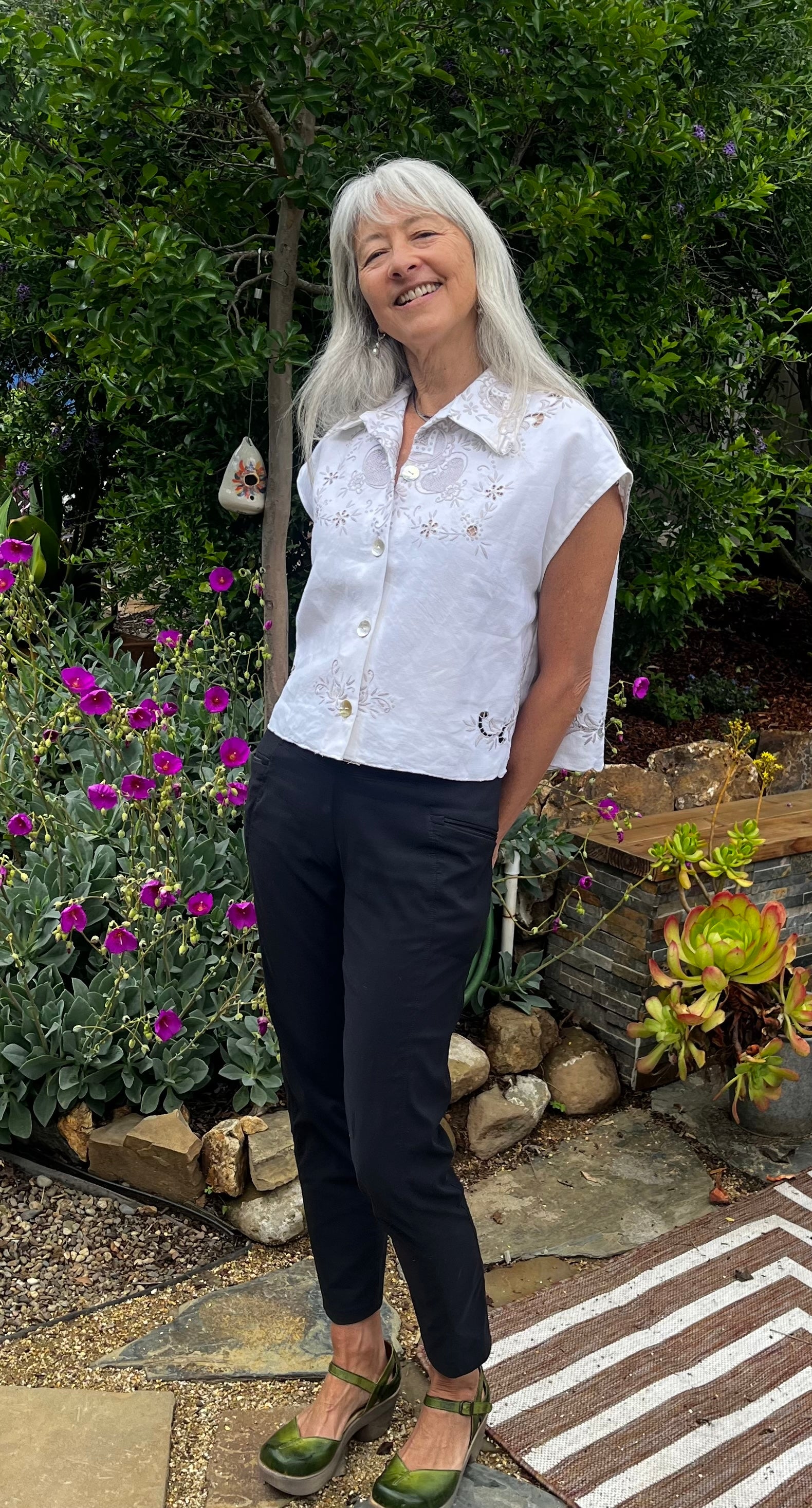 Handmade Embroidered Linen Shirt — Mother-of-Pearl Buttons, Upcycled
