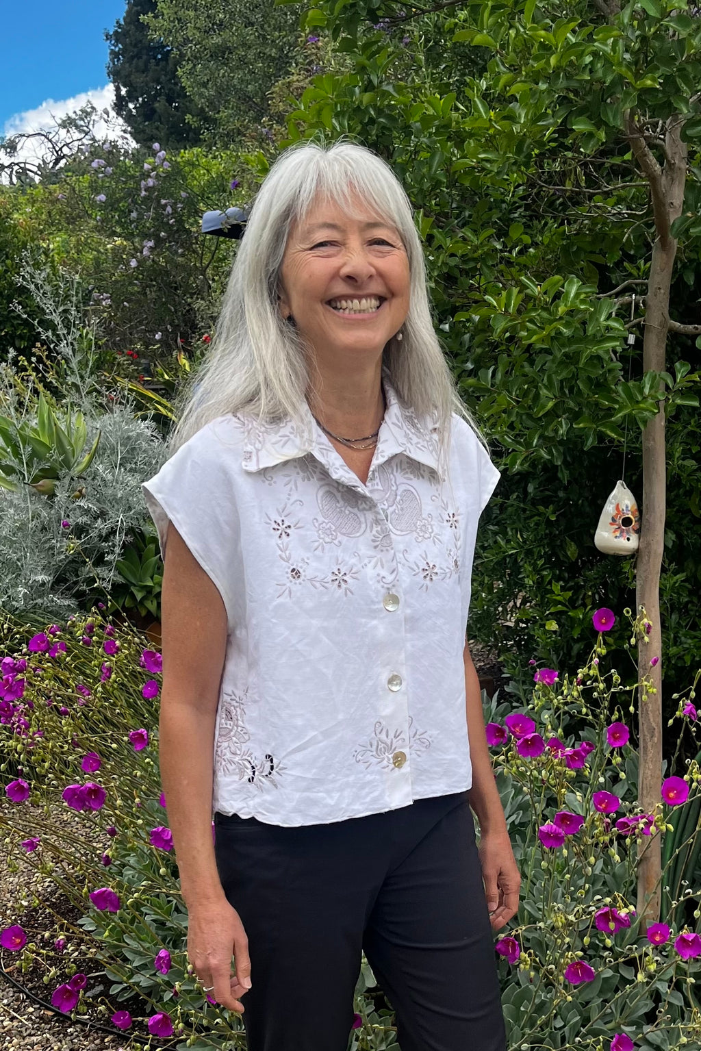 Handmade Embroidered Linen Shirt — Mother-of-Pearl Buttons, Upcycled