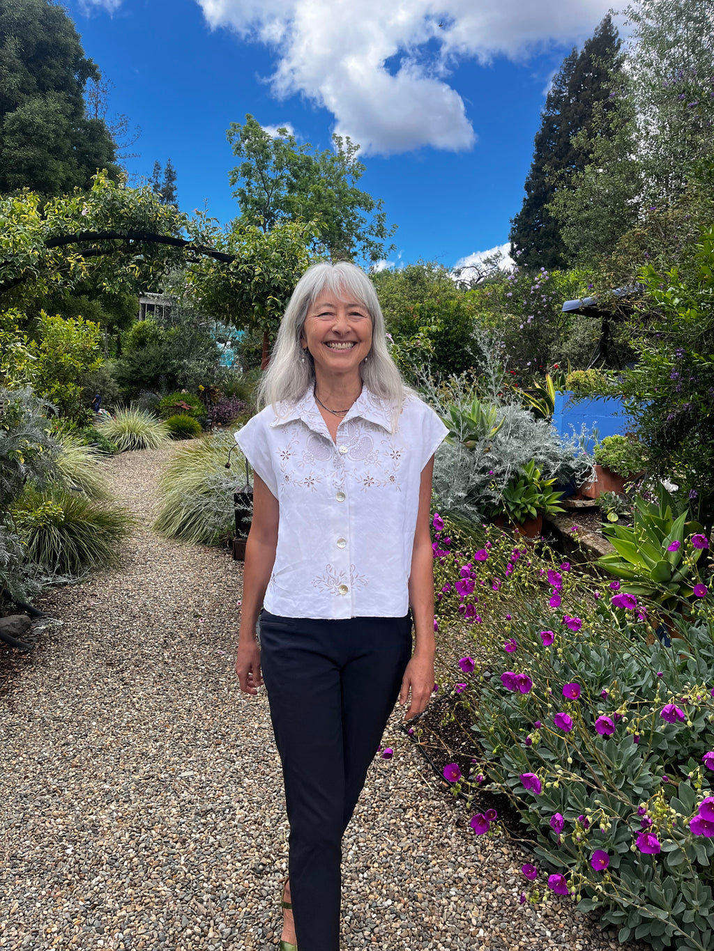 Handmade Embroidered Linen Shirt — Mother-of-Pearl Buttons, Upcycled