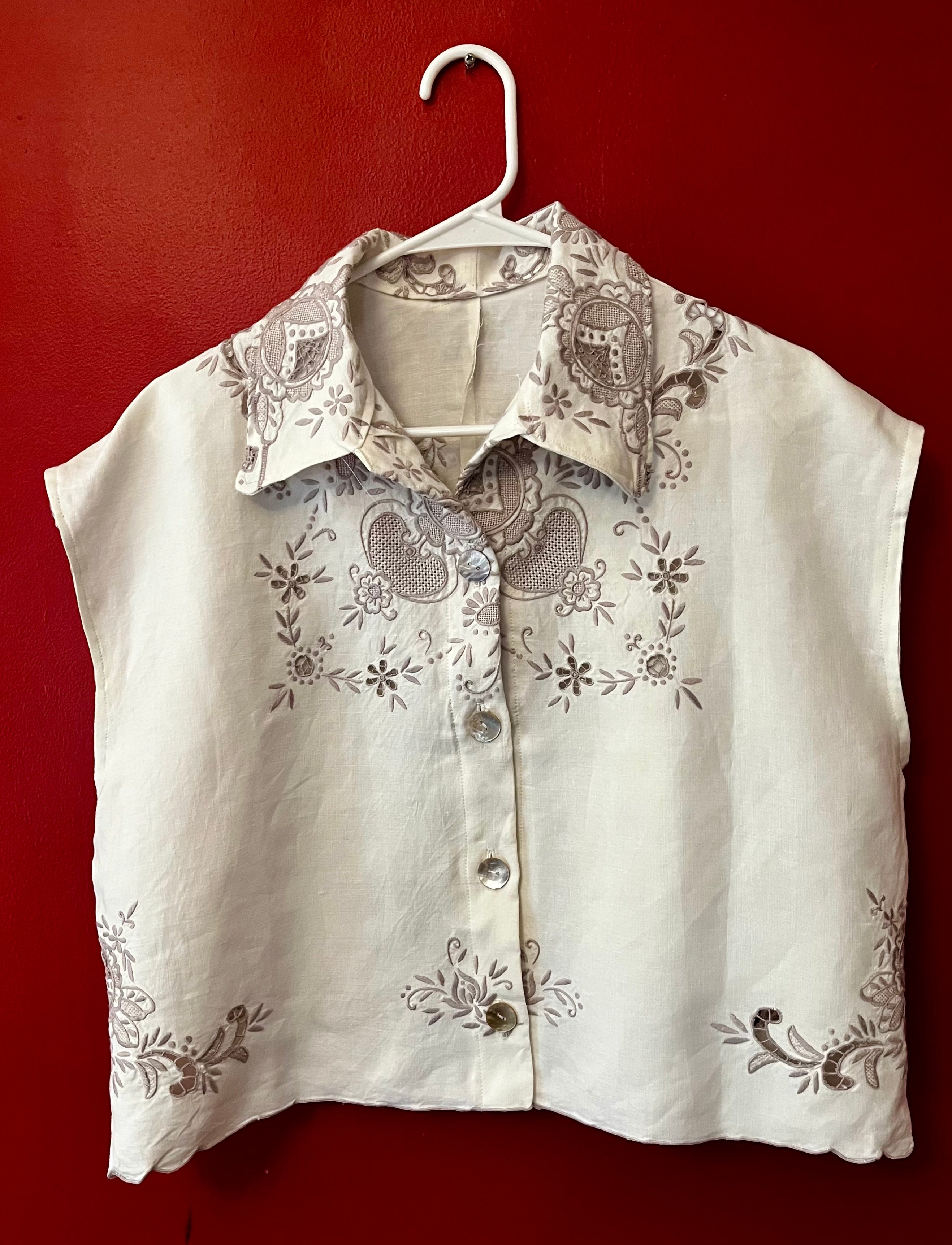 Handmade Embroidered Linen Shirt — Mother-of-Pearl Buttons, Upcycled