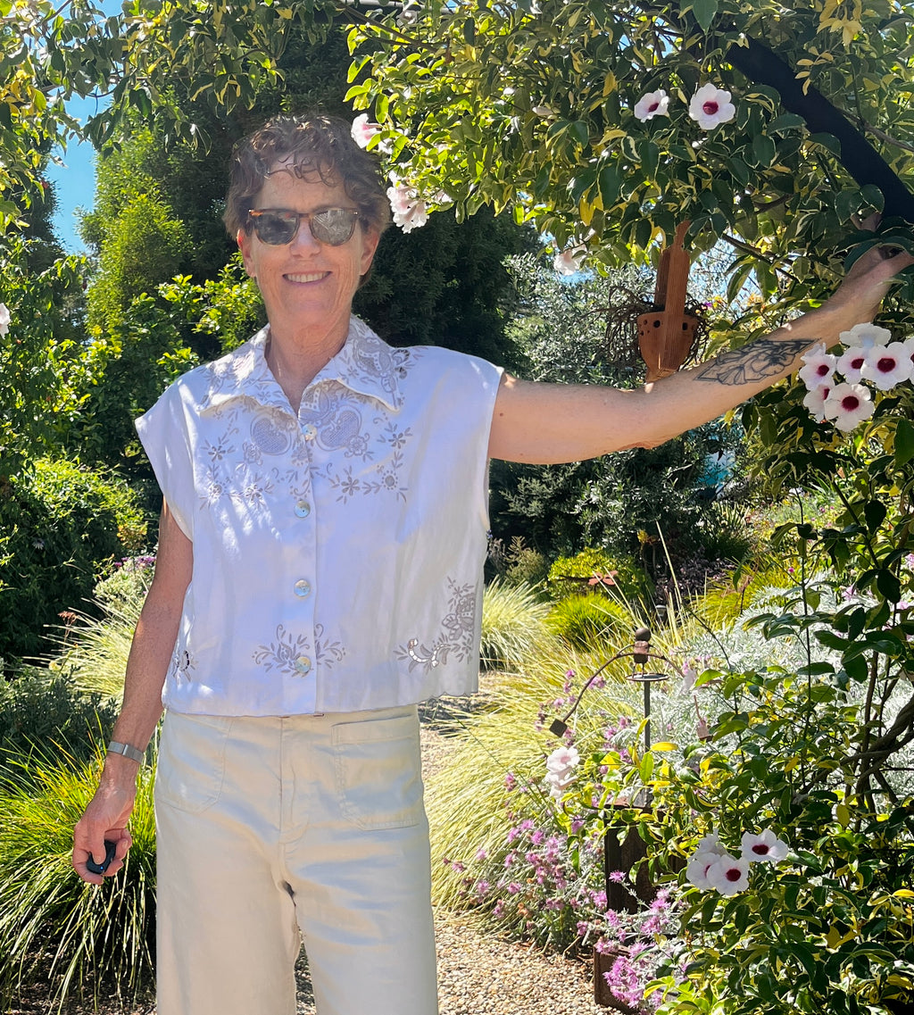 Handmade Embroidered Linen Shirt — Mother-of-Pearl Buttons, Upcycled