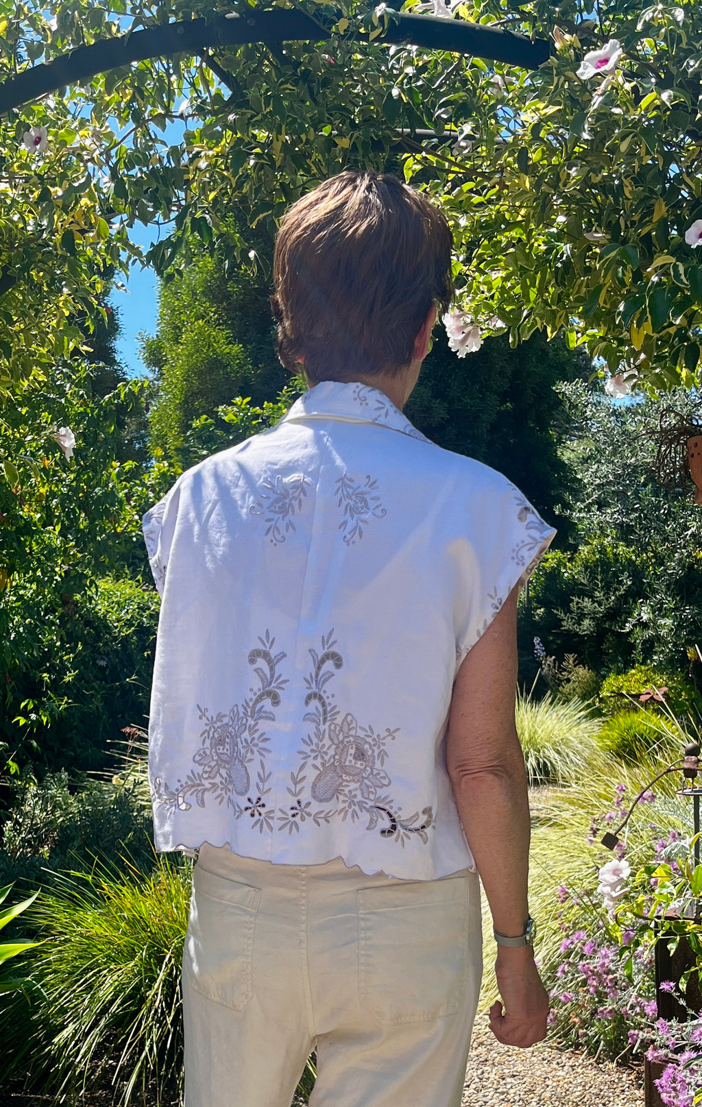 Handmade Embroidered Linen Shirt — Mother-of-Pearl Buttons, Upcycled