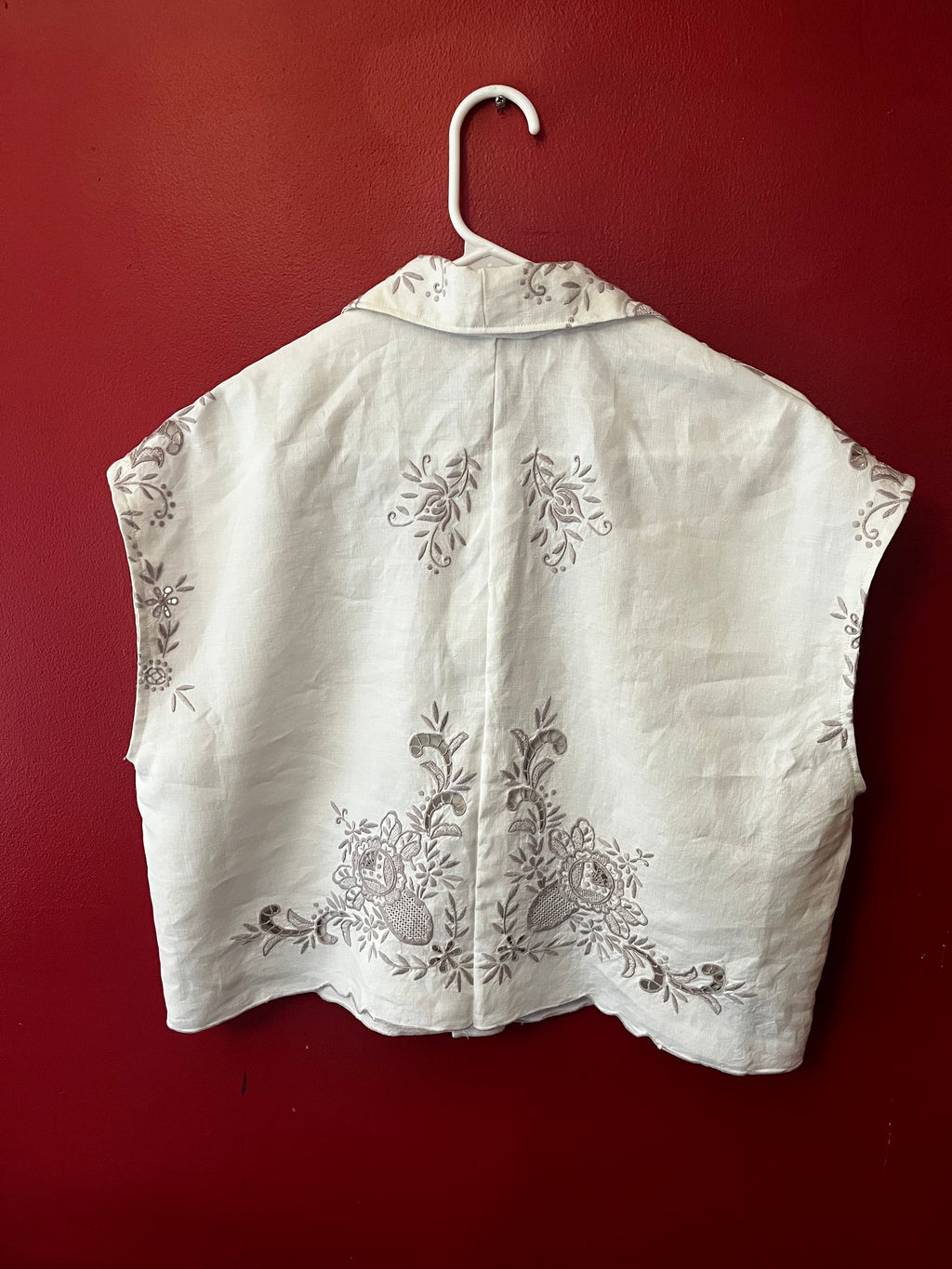 Handmade Embroidered Linen Shirt — Mother-of-Pearl Buttons, Upcycled