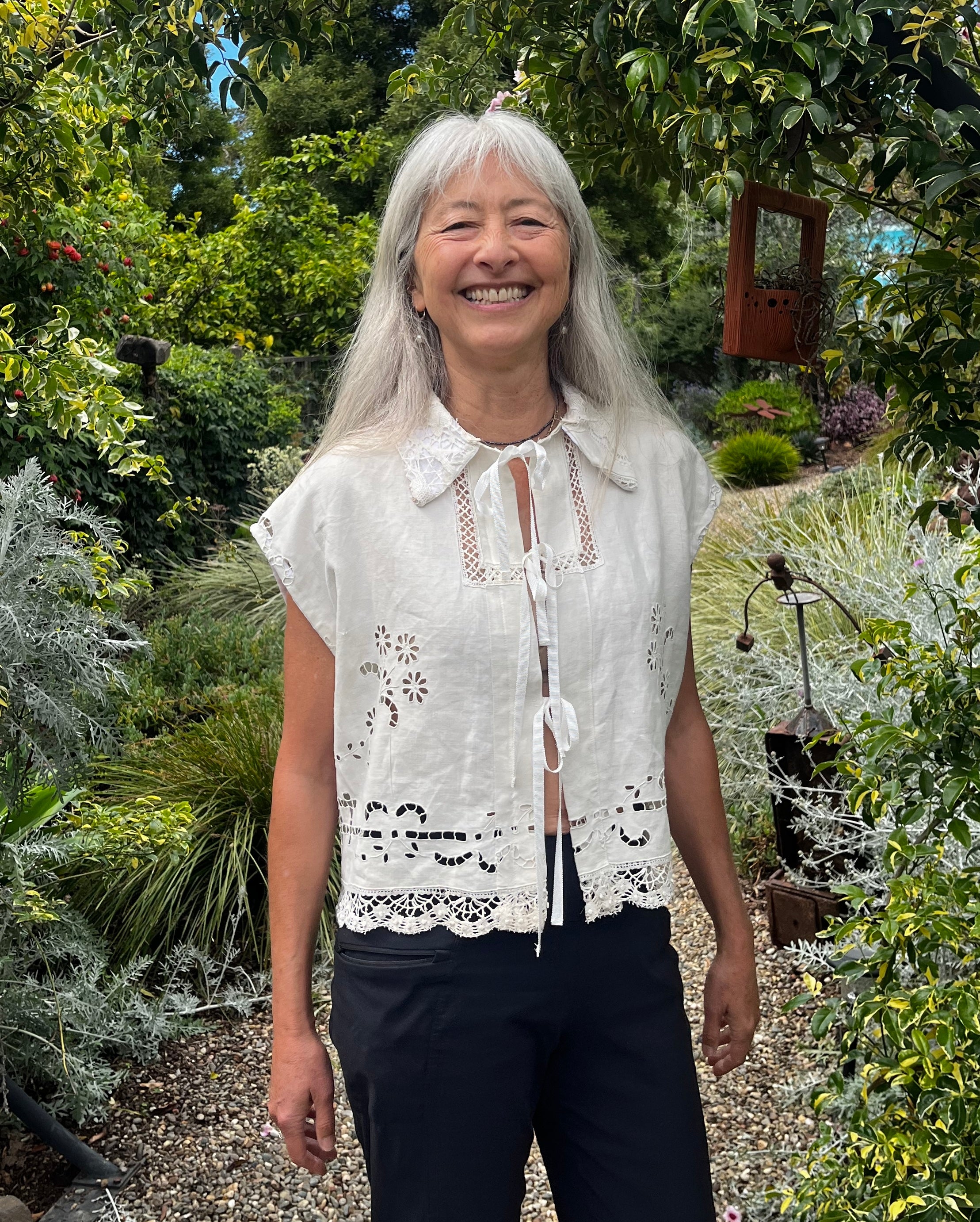 Handmade Short Sleeve Linen Blouse — Embroidered Cutwork, Ribbon Tie Closure