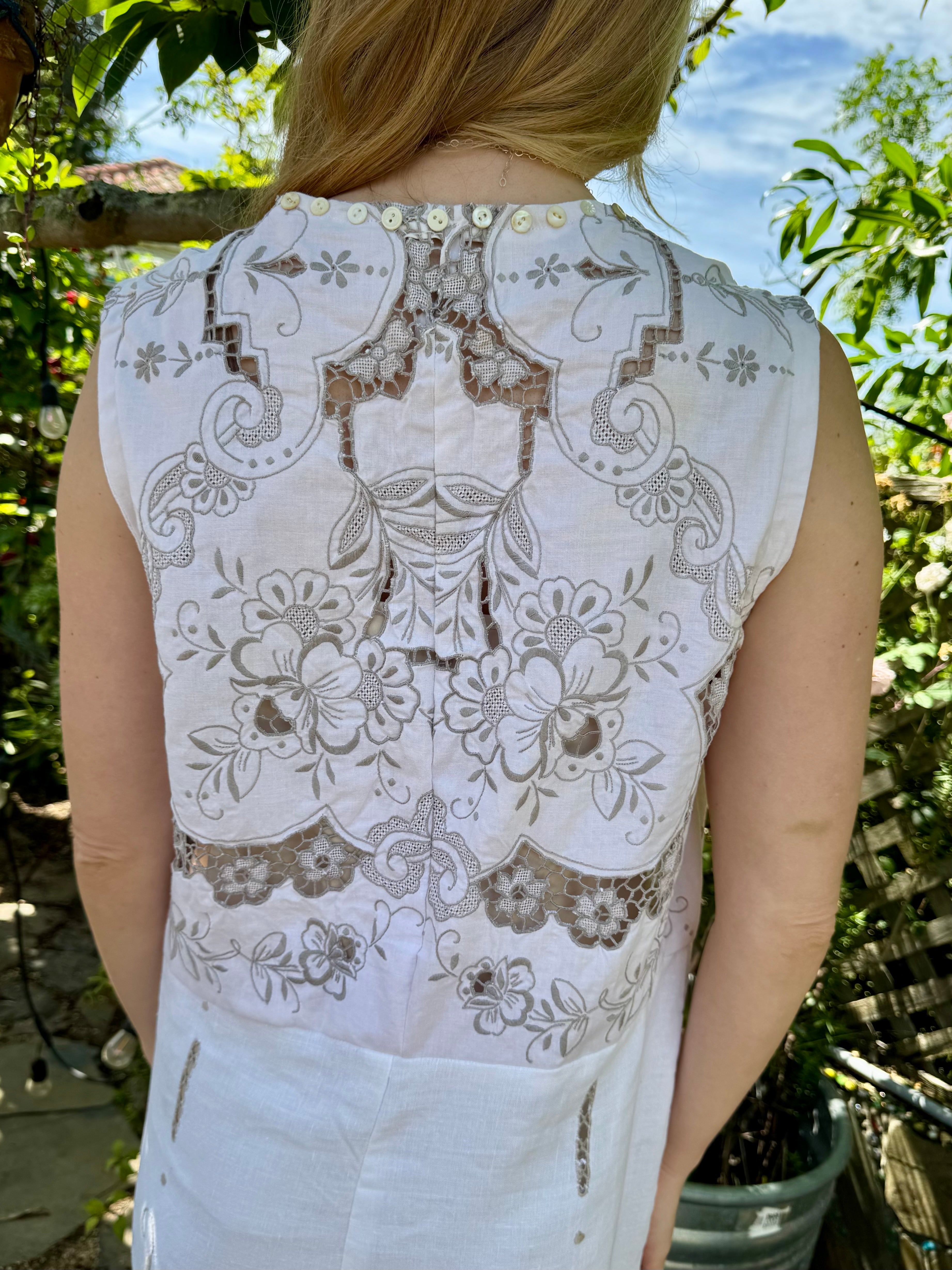 Handmade Off-White Embroidered Linen Dress — Spectacular Back Embroidery, Mother-of-Pearl Buttons